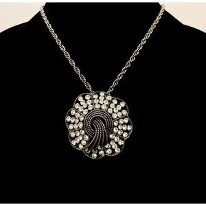 Vintage Kramer Of New York Pendant Necklace Scalloped SilverTone Rhinestones 60s
